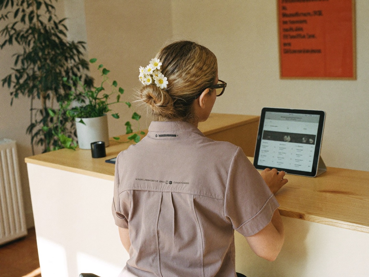 Mitarbeiterin von hinten am Empfang einer hellen Praxis, sie arbeitet am Tablet