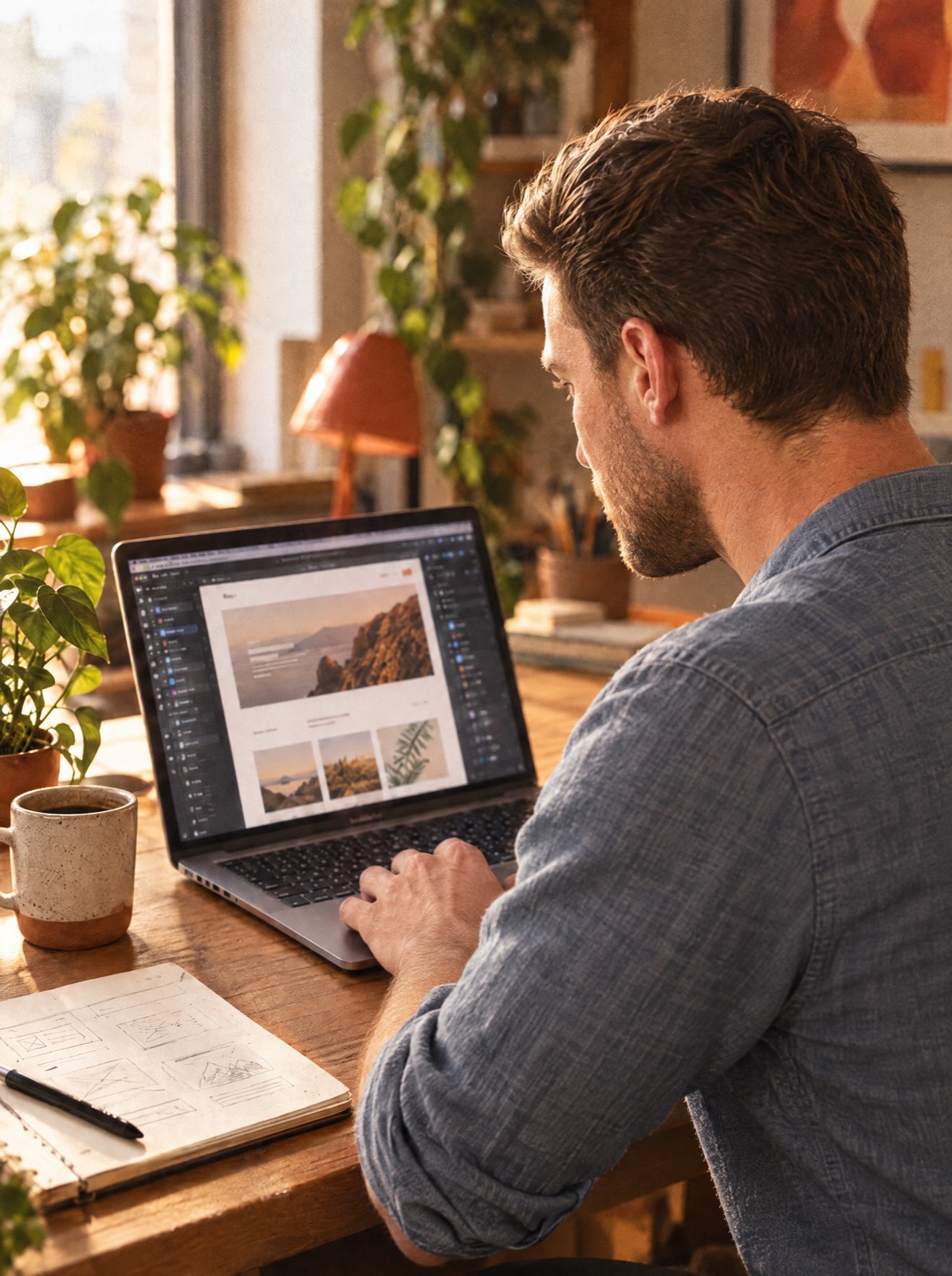 Tim Pucknus im Hemd mit hochgekrempelten Ärmeln von der Seite am MacBook, auf dem Bildschirm ein Website-Entwurf
